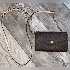 Michael Kors Brown Beige Small Bag Coin Purse Crossbody Gold Chain Strap MK Logo